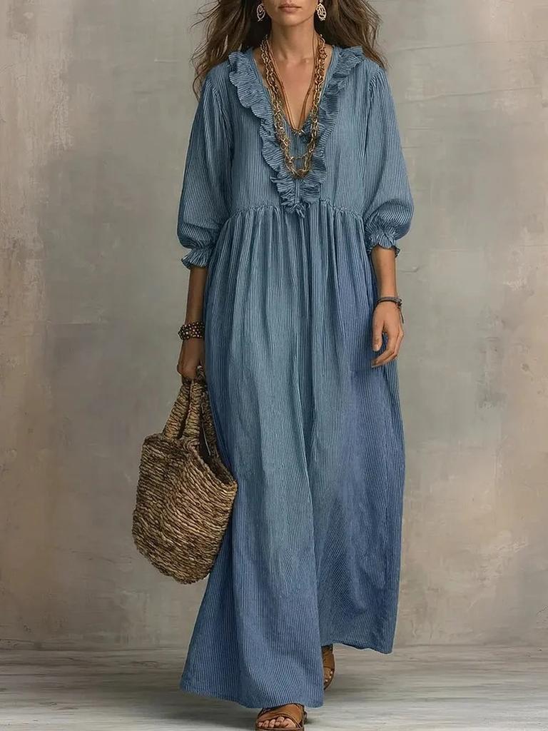 New Striped Ruffled High Waist V-Neck Loose Dress