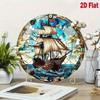 Vintage Pirate Ship Round Metal Wall Art, Stained Glass Effect Aluminum Tin Sign, Tropical Nautical Decor 8x8