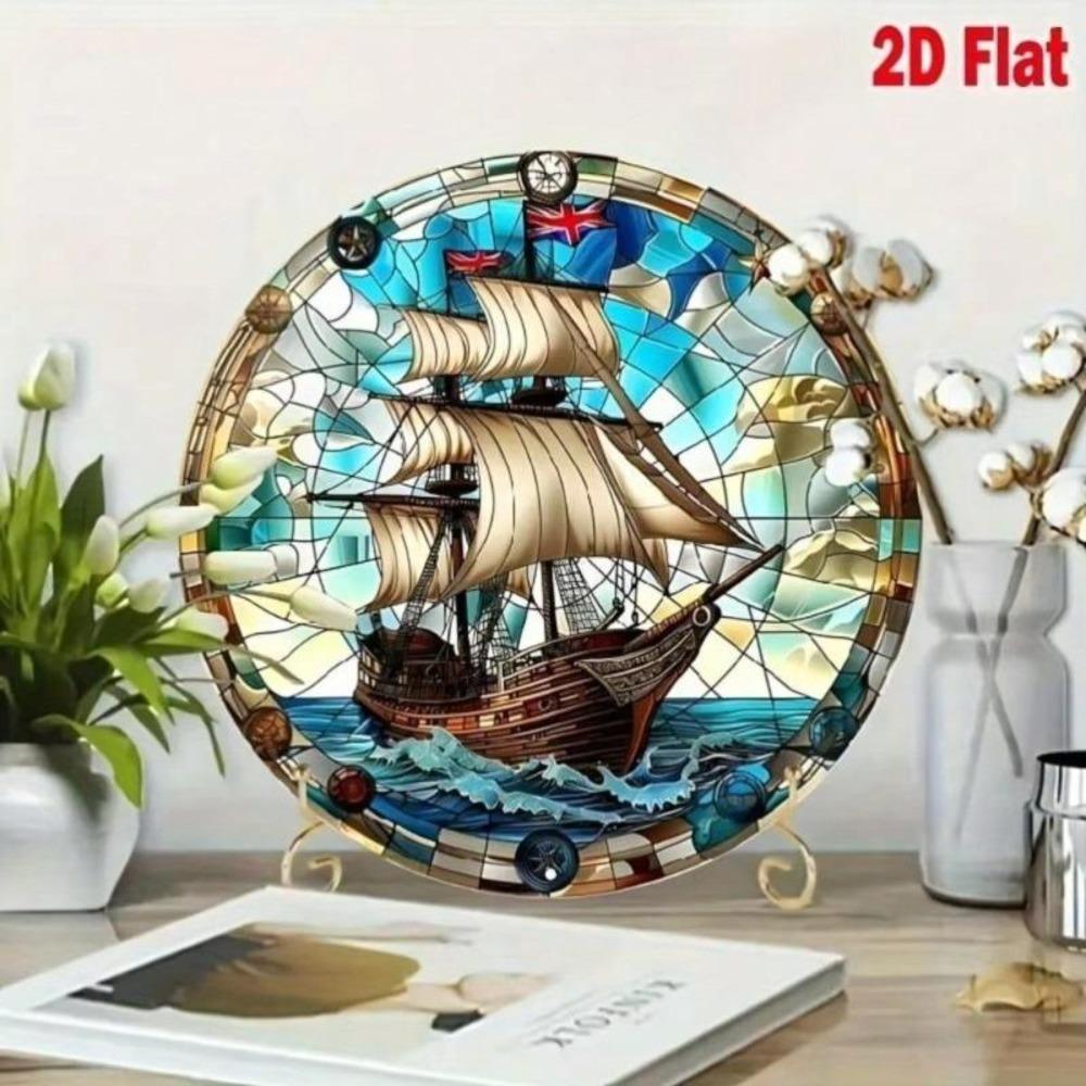 Vintage Pirate Ship Round Metal Wall Art, Stained Glass Effect Aluminum Tin Sign, Tropical Nautical Decor 8x8