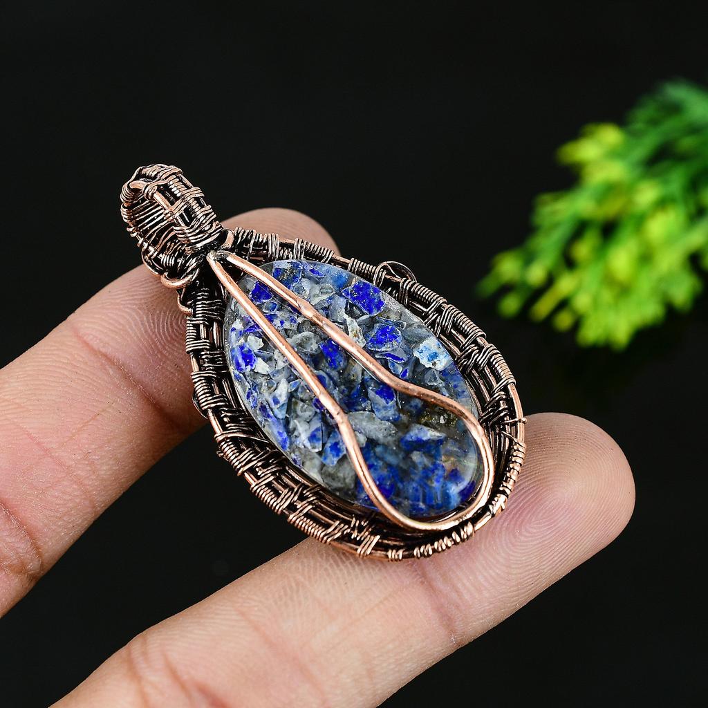 Natural Lapis Lazuli Gemstone Handmade Copper Wire Wrap Gift Pendant 2 O7G04