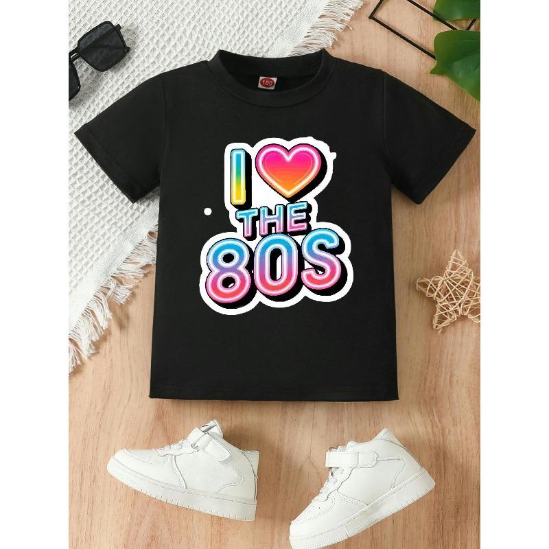 European size Girls round-neck short-sleeved T-shirt with 80s pattern print