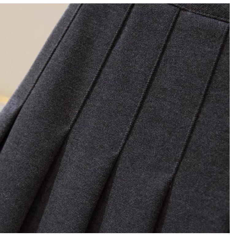 Women's High-Waisted Woolen Pleated A-Line Skirt - Slimming Autumn/Winter Academy Style