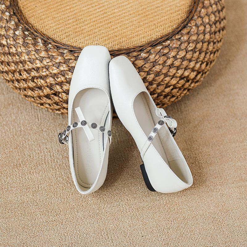 Shoes women's flat bow light mouth ballet shoes square head retro casual driving Mary Jane shoes single shoes women's summer