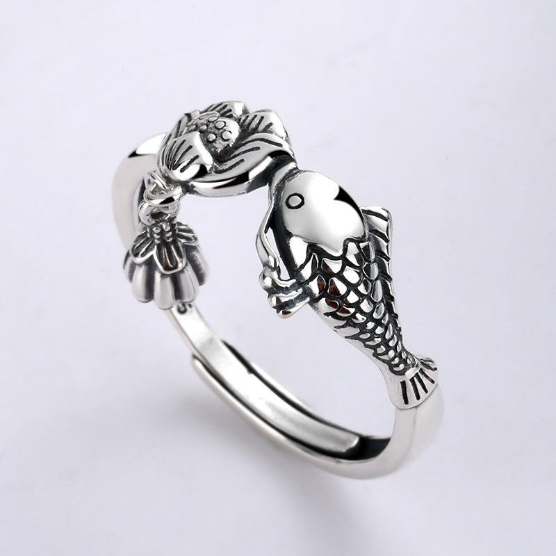 Trendy Retro Thai Silver Adjustable Koi Ring - Ethnic Style Index Finger Ring for Women