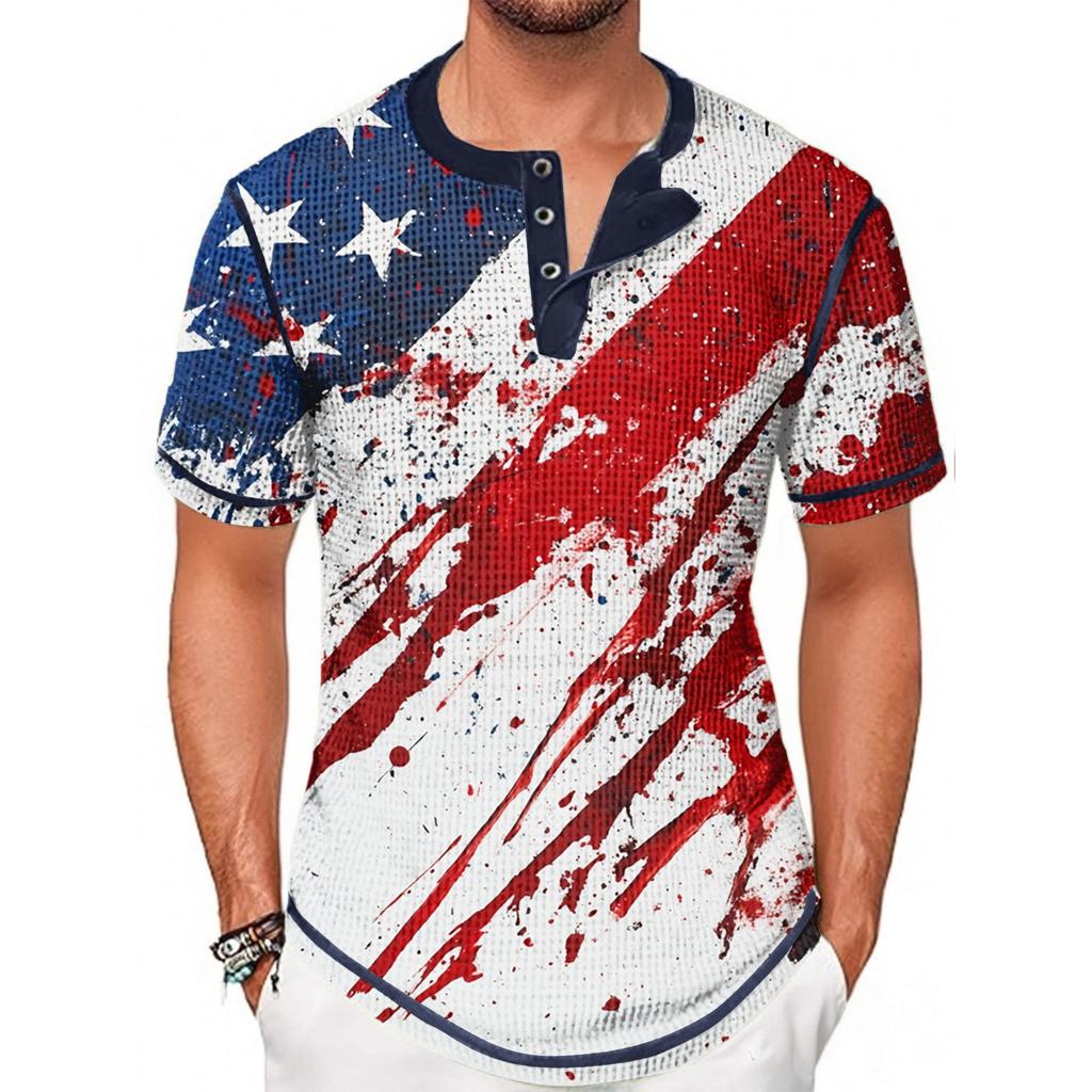 Summer Men's Stand-up Collar Short-sleeved T-shirt With Independence Day Print