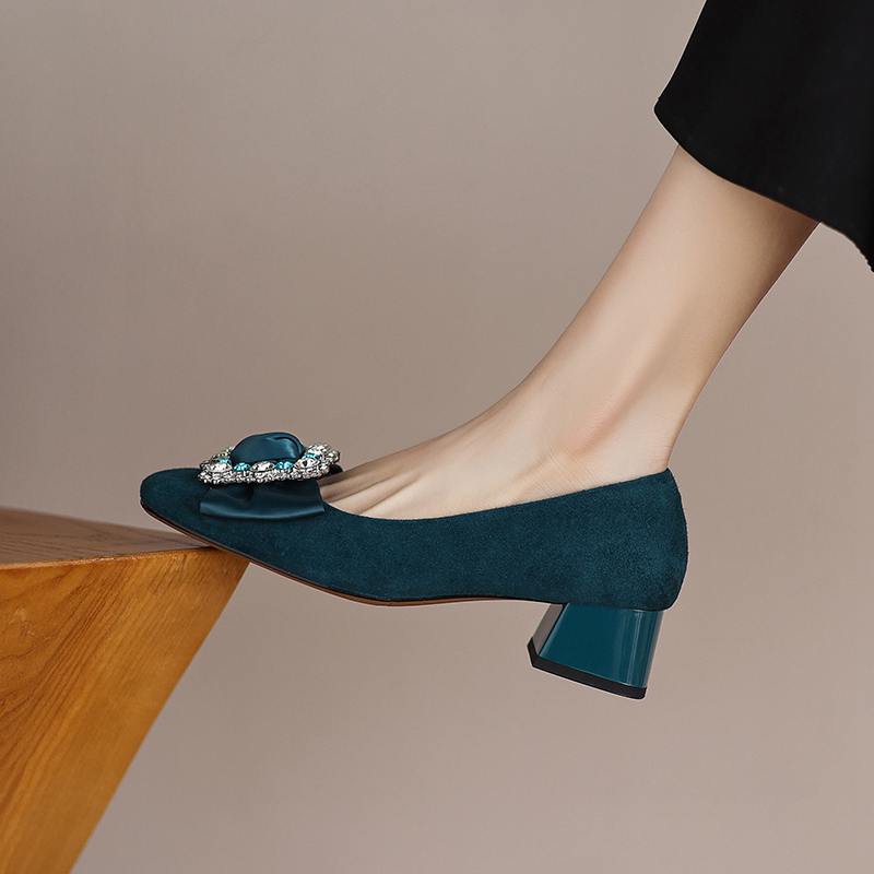 Krazing Pot Suede Spring Summer Size 41 Med Heels Office Lady High Heels Crystal Women Square Toe Shallow Pumps