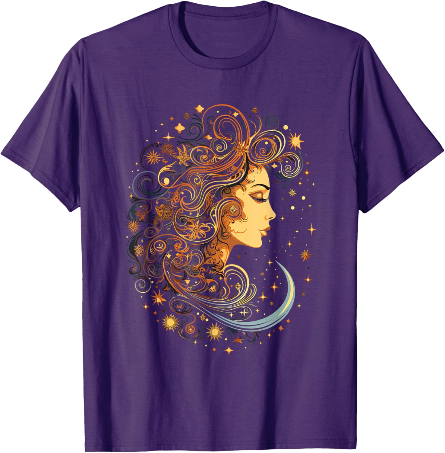 Mystic Sun Moon Woman Hair Celestial Graphic Tee Breathable Cotton T-Shirt Casual S