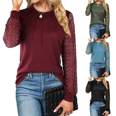 Mode Damen Casual Oberteile Waffelspitze Spleißen Langarm Rundhals Gestreiftes T-Shirt Oberteile Bequemes und Vielseitiges T-Shirt für Damen