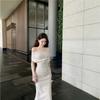 Off-the-shoulder Dress Women's Spring and Summer Waist and Thin Temperament Pleated Skirt French One-word Shoulder Sexy Small Dress Long Dress