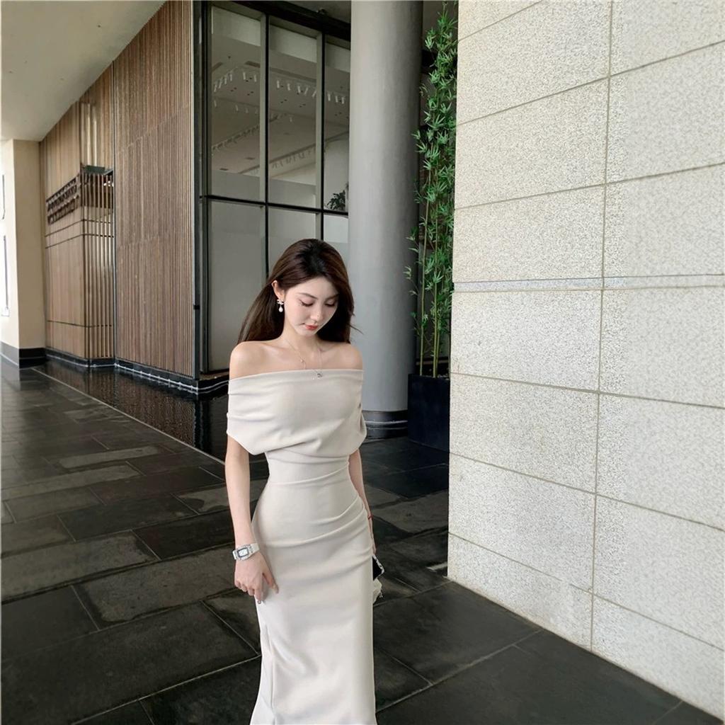 Off-the-shoulder Dress Women's Spring and Summer Waist and Thin Temperament Pleated Skirt French One-word Shoulder Sexy Small Dress Long Dress