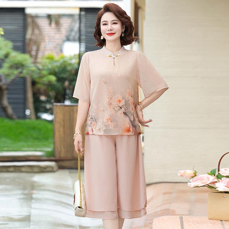 

Summer Outfit Set: Stylish Middle-Aged Women s Casual Chiffon Short Sleeve Shirt + Cropped Pants Two-Piece XL for 90-110 jin оранжевый/розовый