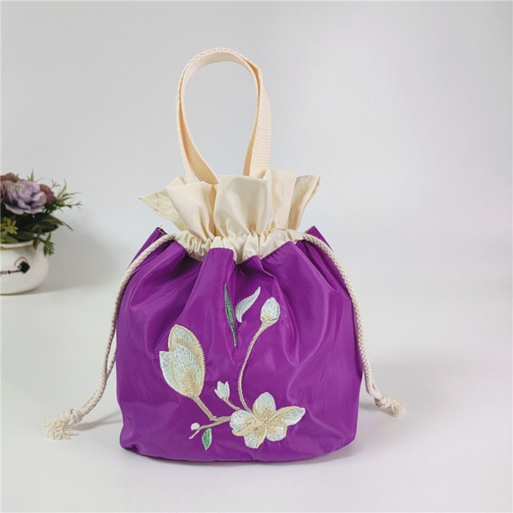 

Mommy Bag Embroidery Flower Handbag Ruffle Floral Bucket Bag Sweet Hanfu Drawstrings Bag Travel