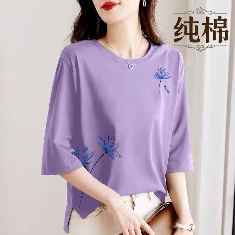 Avslappnad Ren Bomull Kortärmad T-shirt Dam Sommar Ny Lös Utländsk Mode Mångsidig Medelålders Topp