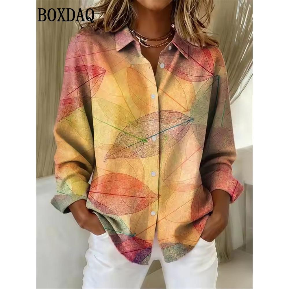 Women's Long-Sleeve Shirt Spring Summer Maple Leaf Print Blouse Casual Everyday Wear Paisley Print Lapel Female Tops