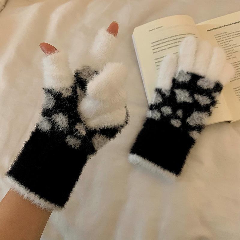 Fingerless Gloves with Touch Screen for Women Autumn and Winter Leopard Print Warm and Thickened Knitted Fingerless Woolen Gloves