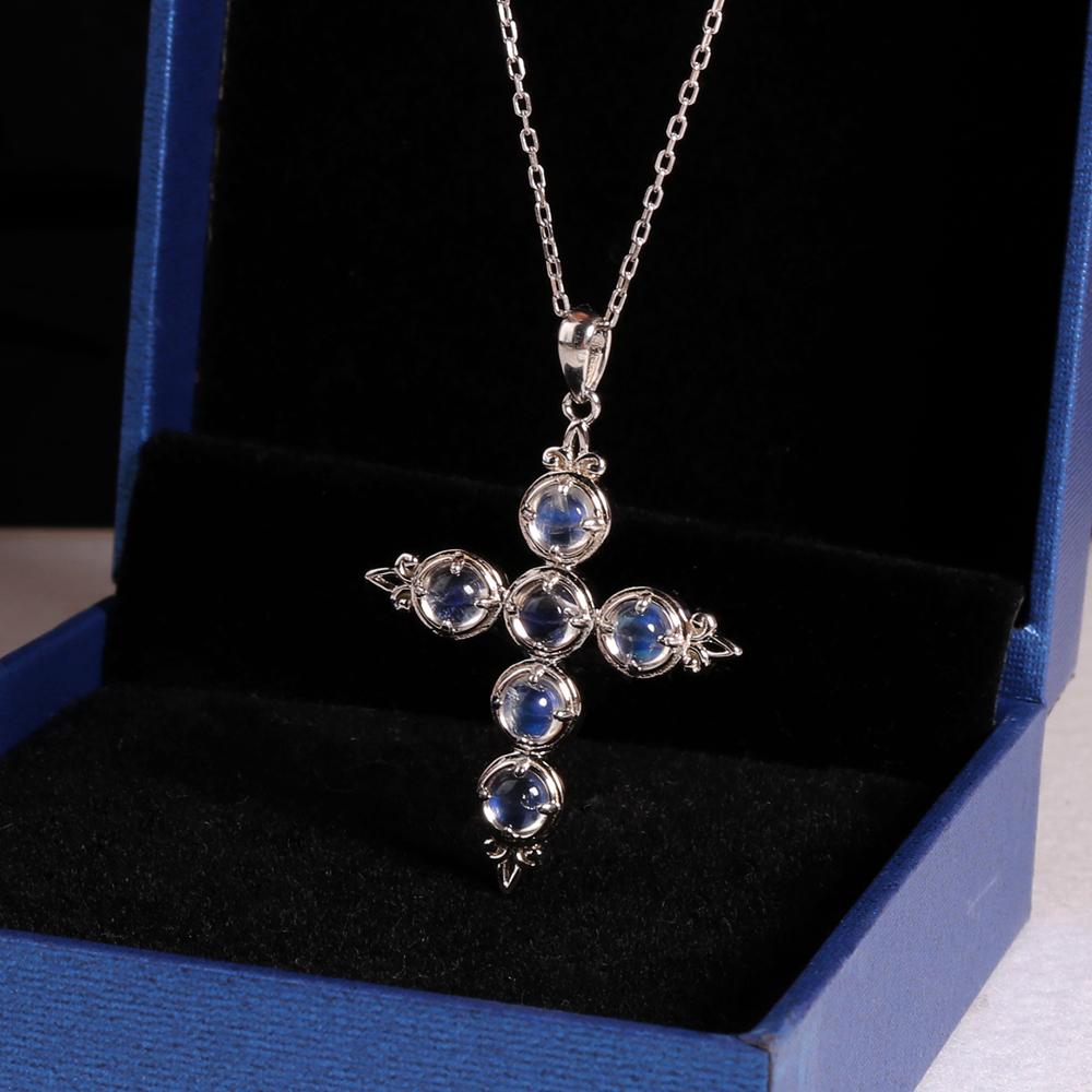 Classic Elegant Natural Blue Moonstone Cross Pendant Necklace 925 Sterling Silver Fine Jewelry Women's Daily Wear Gift