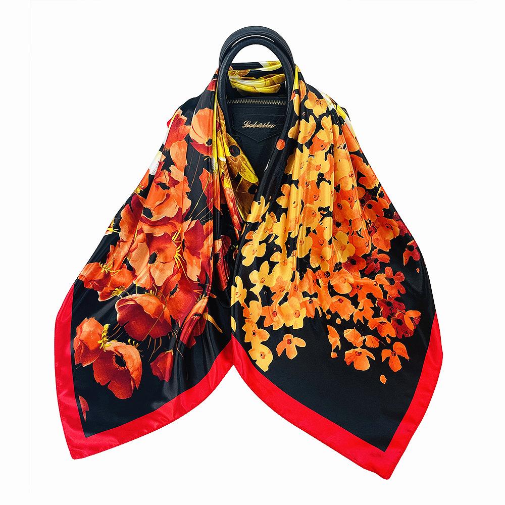 90*90cm Luxury Brand Twill Silk Large Scarf Women Fashion Flower Pattern Satin Square lady Design Handkerchief Bandanna foulard