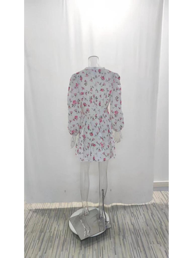 2025 Spring European & American Women's Sweet Print V-Neck Short Dress with Lace Waist