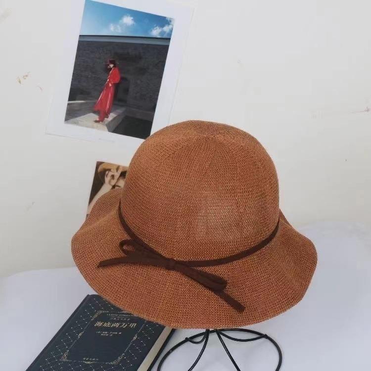 

Outdoor bow bucket hat female straw hat small brim summer outing versatile sunscreen sun hat spring summer wavy edge M（56-58cm）