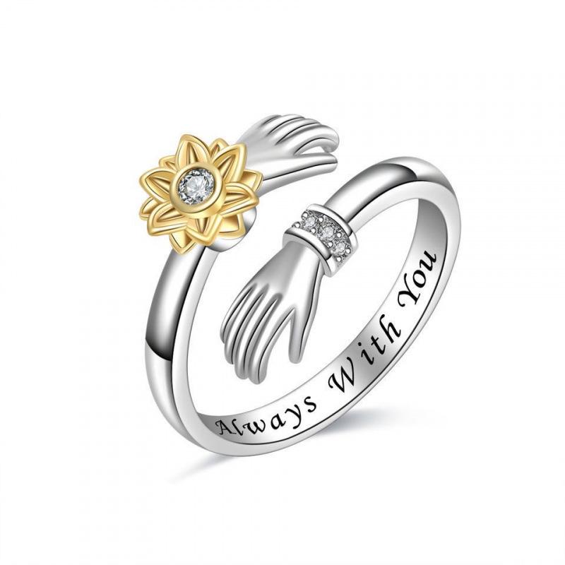 Adjustable Sunflower Rotating Silver Ring with Diamonds - Simple Forest-Style Two Hands Hugging Design. Adjustable