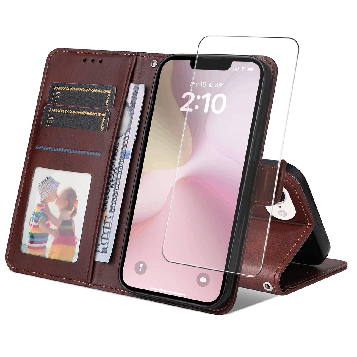 

For iPhone 16e PU Leather Wallet Case Phone Stand Cover with Tempered Glass Brown