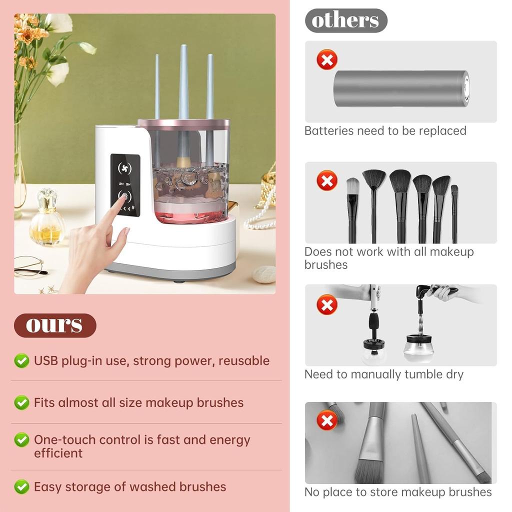 3 IN 1 Electric Makeup Brush Cleaner Machine With Makeup Brush Dryer-Holder-Portable Automatic USB Cosmetic Brushes Cleaner Tool for All Size Beauty