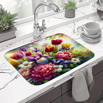 1 Stück Abtropfmatte aus Gummi mit buntem Blumen-Aufdruck für Café, Küche, Teppich, Geschirr, langlebige Kieselalgen-Schlamm-Tischmatte für Haustiere, Kaffeegeschirr-Matte