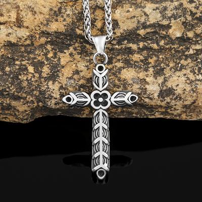 Stainless Steel Cross Flower Necklace Personalized Titanium Steel Pendant Men's Sweater Chain with Keel Chain