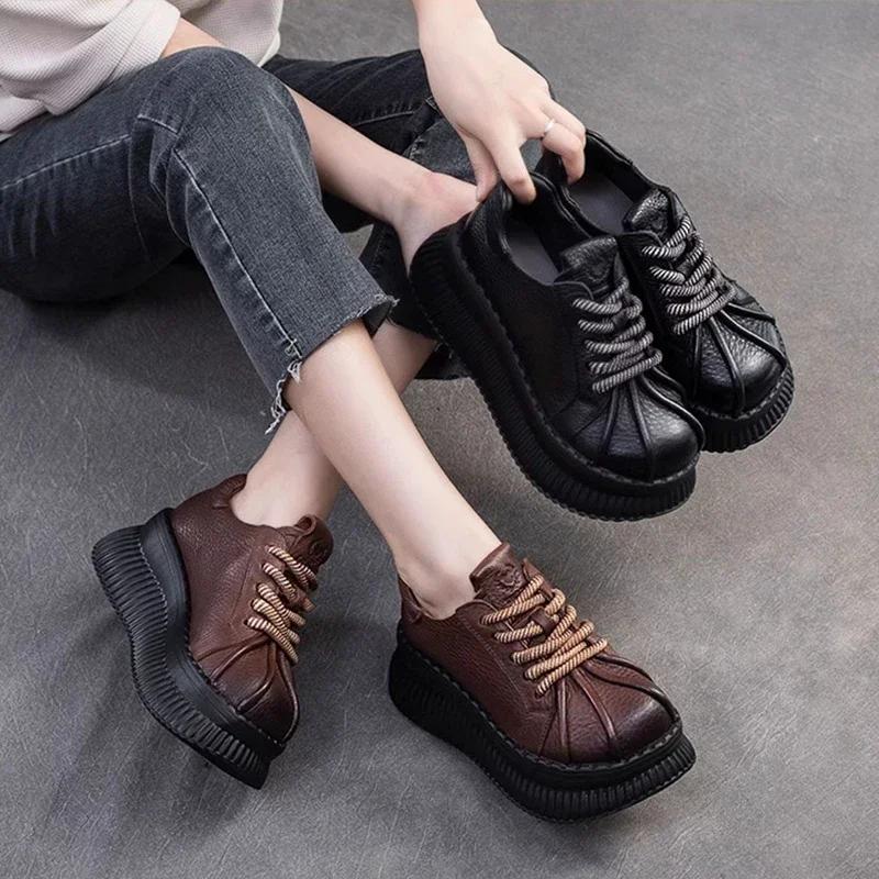 6.5 CM Thick Soled Heightening Pumps 2024 Spring And Autumn New Leather Lace-up Versatile Retro Women's Platform Casual Shoes