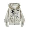 American Retro Hoodie Women Gothic Simple Print Rabbit Ears Zipper Hooded Fur Collar Sweatshirt Fashionable Harajuku Jacket Tops