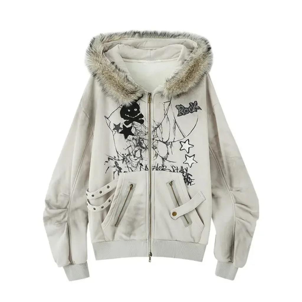 2KWEIRD American Retro Hoodie Women Gothic Simple Print Rabbit Ears Zipper Hooded Fur Collar Sweatshirt Fashionable Harajuku Jacket Tops