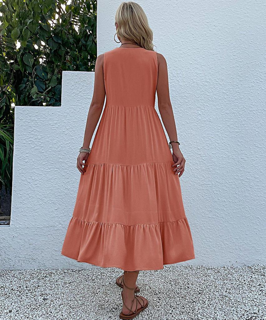 Letnia Damska Sukienka Casual Bez Rękawów Średniej Długości - Jednolity Kolor, Prosta i Elegancka