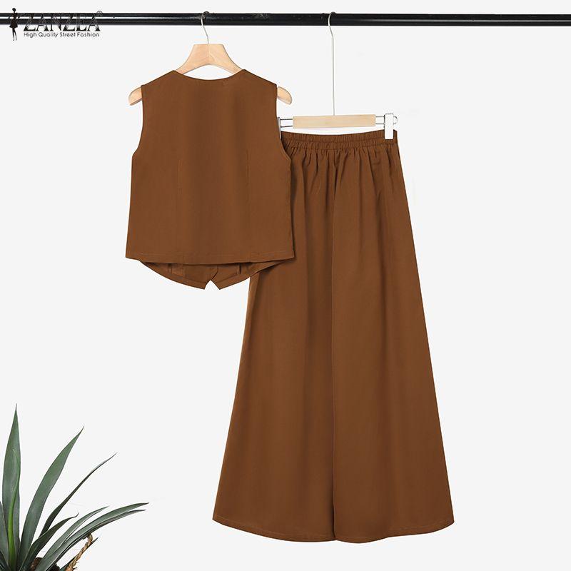 ZANZEA Tops sin mangas y pantalones de pierna ancha para mujer, conjuntos casuales de dos piezas