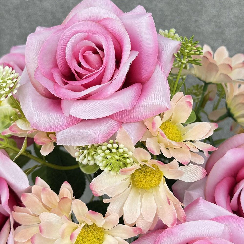Multicolor Artifcial Rose Flower Curled Edge Petals Green Leaves Faux Flower Rose Accesssories Desktop Ornament
