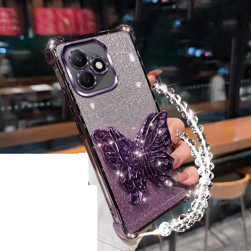 Shockproof Plating Case for Motorola Moto G24 G14 G34 G04 G84 G54 E14 G53 G52 Butterfly Phone Holder Crystal Bracelet Back Cover