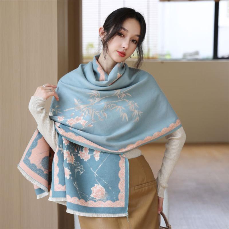 Literary imitation cashmere scarf women's autumn and winter new bamboo field flower jacquard shawl versatile simple warm scarf