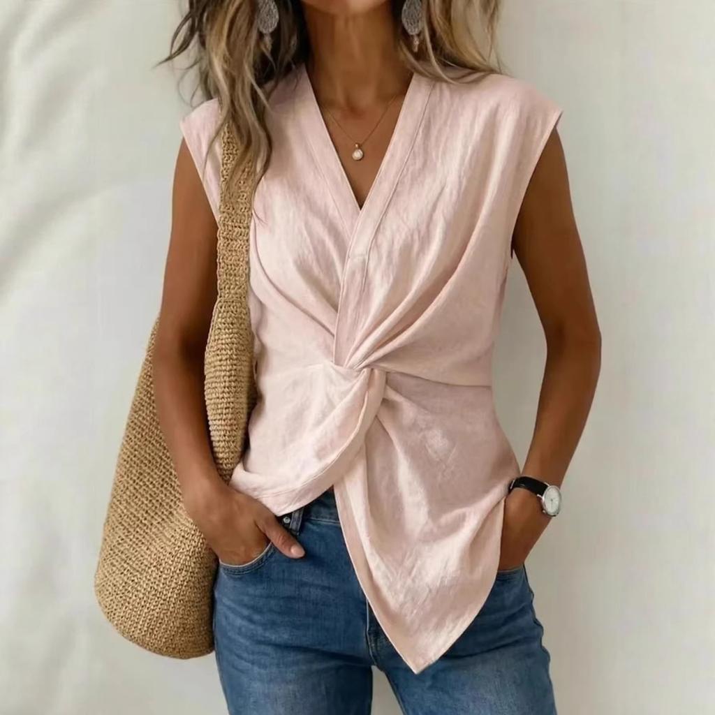 Summer Women's French Twist Knot V-neck Short Sleeve Shirt Tank Top, Elegant High-end Casual Vest