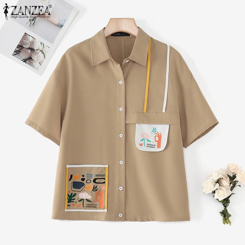 

ZANZEA Women Summer Shirt Collar Short Sleeve Printed Loose Shirts M жёлтый