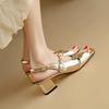 Fashion 2025 A Line with Open Toe Thick Heel Sandals Summer New Square Head Cross with Pearl Ancient Fish Mouth Heel Shoes
