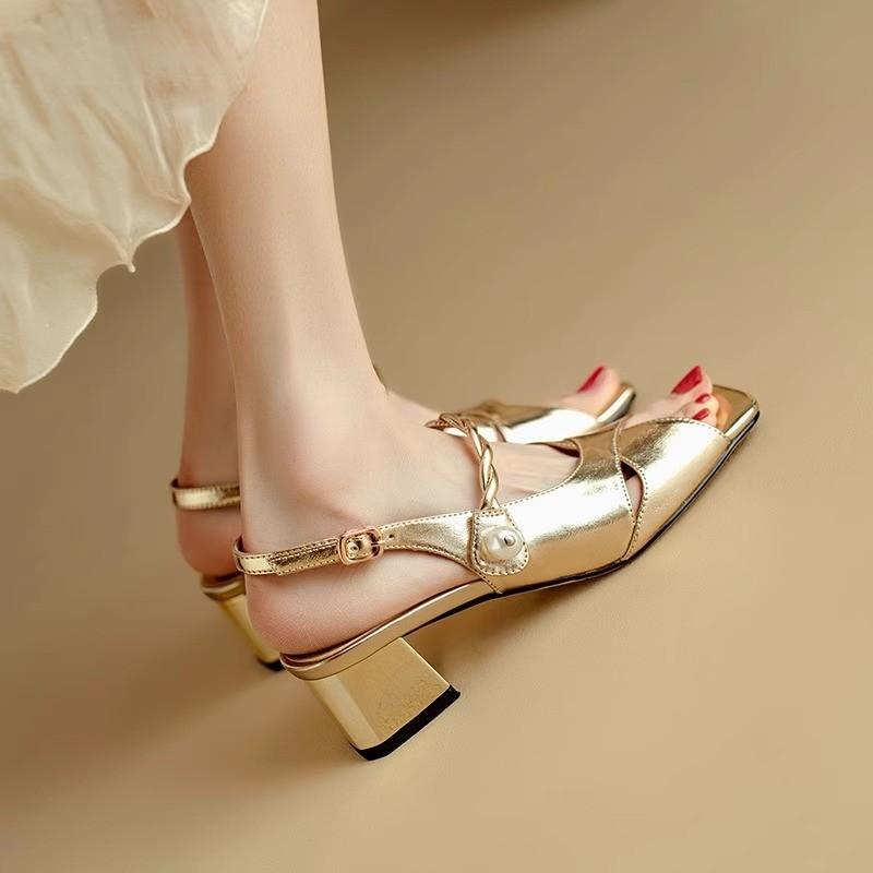 Fashion 2025 A Line with Open Toe Thick Heel Sandals Summer New Square Head Cross with Pearl Ancient Fish Mouth Heel Shoes