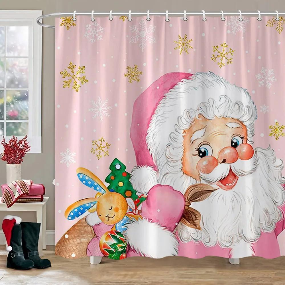 Merry Christmas Bathroom Curtains Snowman Christmas Tree Gift Red Truck Polyester Fabric Washable Shower Curtain Bathroom Decor
