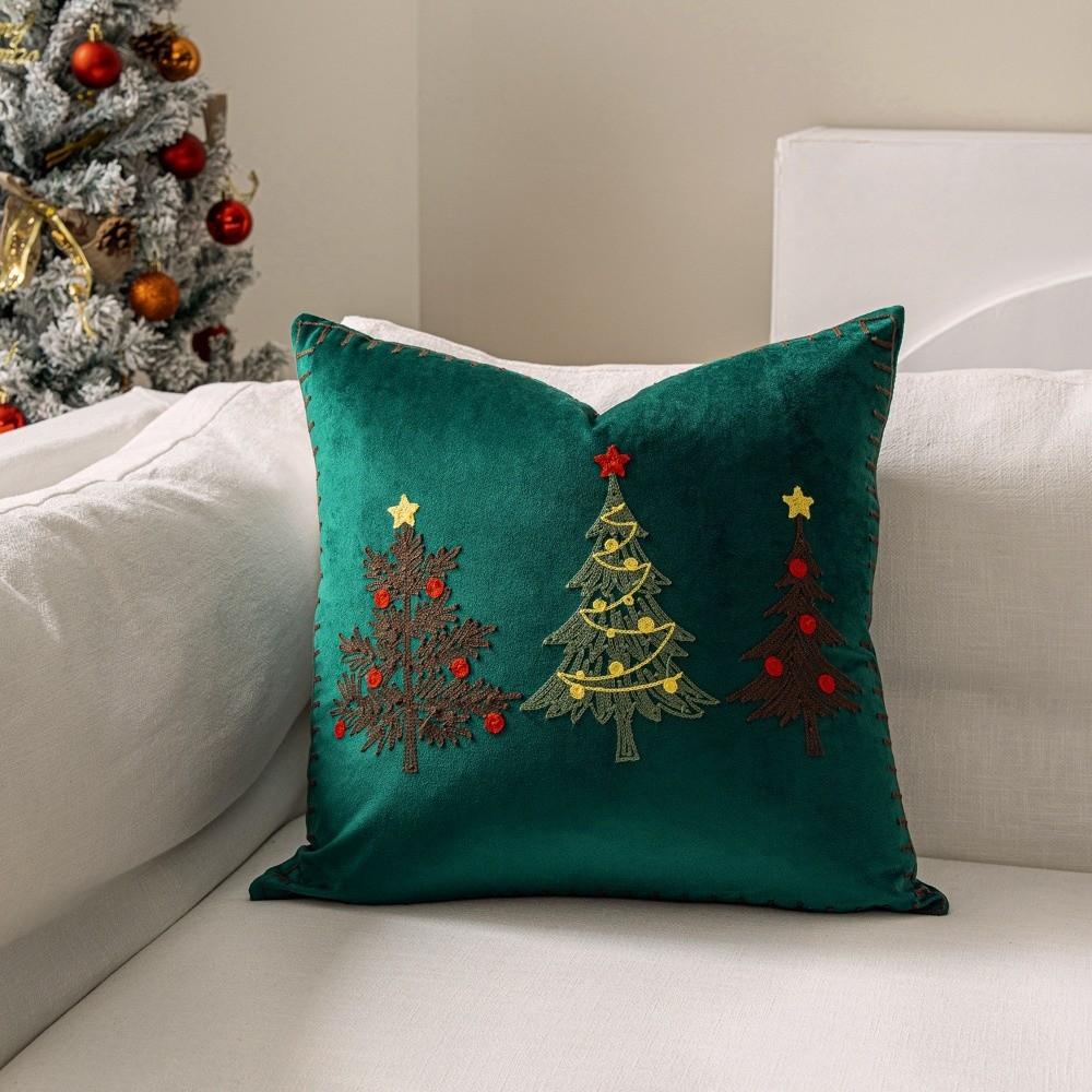18 x 18 in Christmas Pillow Cover Soft Short Xmas Tree Pillowcase Comfortable Embroidered Cushion Slipcover Festive Atmosphere