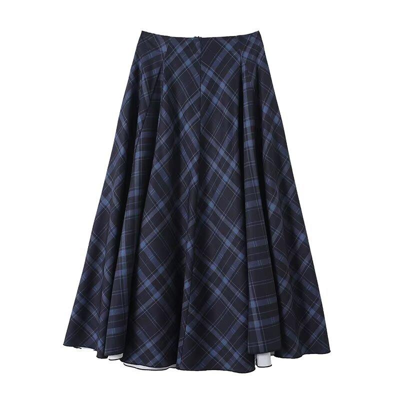 European and American style, new women s clothing, foreign style French retro plaid splicing design half-length dress S