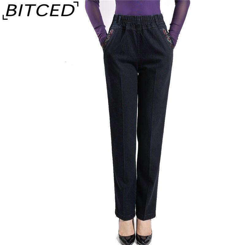 

BITCED Брюки для женщин среднего и пожилого возраста GMXIA, весенне-летние джинсы для мам, эластичные больших размеров, с высокой посадкой, свободные брюки-шаровары прямого кроя XXXXXL чёрный