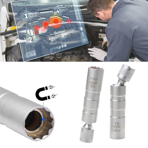 Spark Plug Wrench, Universal Socket, 360-Degree Rotation, 12-Point Thin Wall, 3/8" Drive, with Magnet, 16mm