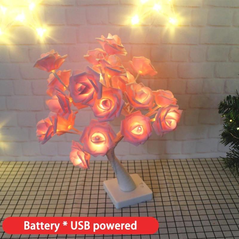 LED White Rose Flower Night Rose Bedroom Night Lamp Home Lamp Decor Simulation Tree Christmas Wedding | LED Table Lamps