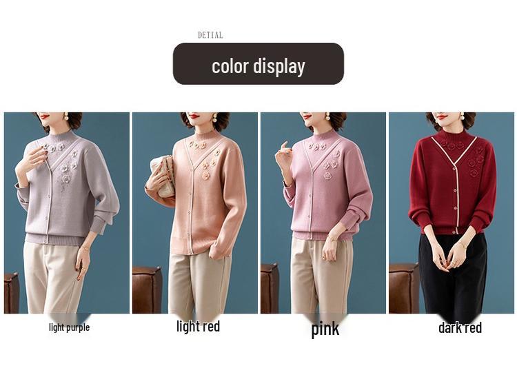 Mom's Winter Plus Velvet Layered Half-High Collar Sweater for Middle-Aged and Elderly Women - Warm Knitwear Base Layer