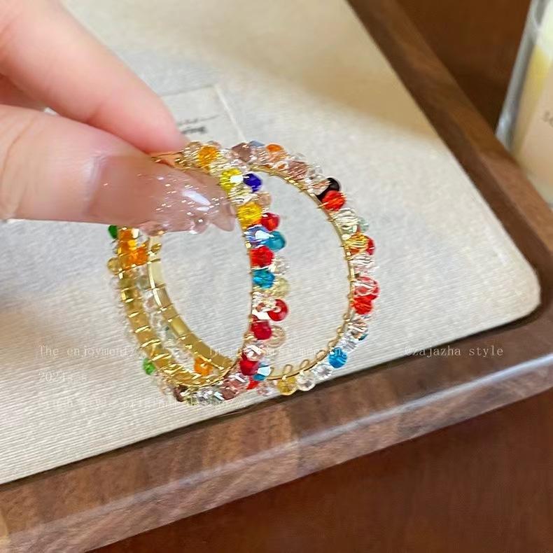 Color Crystal Earrings 2025 New Super Fire Exaggerated Vacation Style Premium Earrings Summer Dopamine Loop Earrings