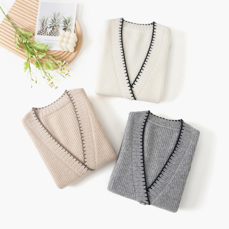 European & American Style Grey Hand-Stitched Cashmere Cardigan Sweater Coat