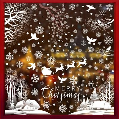 Christmas White Snowflake Branch Window Sticker Forest Snow Scenery New Year Door Sticker Merry Christma Decor